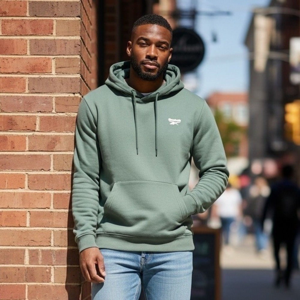 Reebok Mens Pullover Hoodie Sage Green Fleece Logo Sweatshirt Size Large